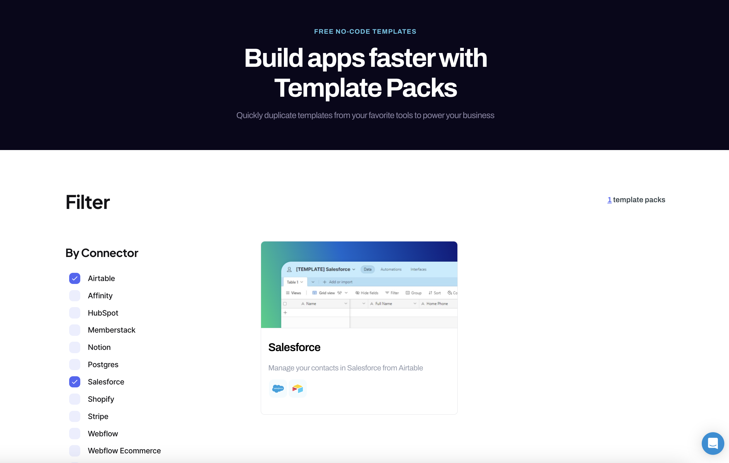 Whalesync template packs page featuring a Salesforce template to manage contacts from Airtable
