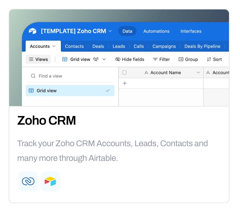 Whalesync Zoho CRM template for tracking Zoho accounts, leads and contacts through Airtable