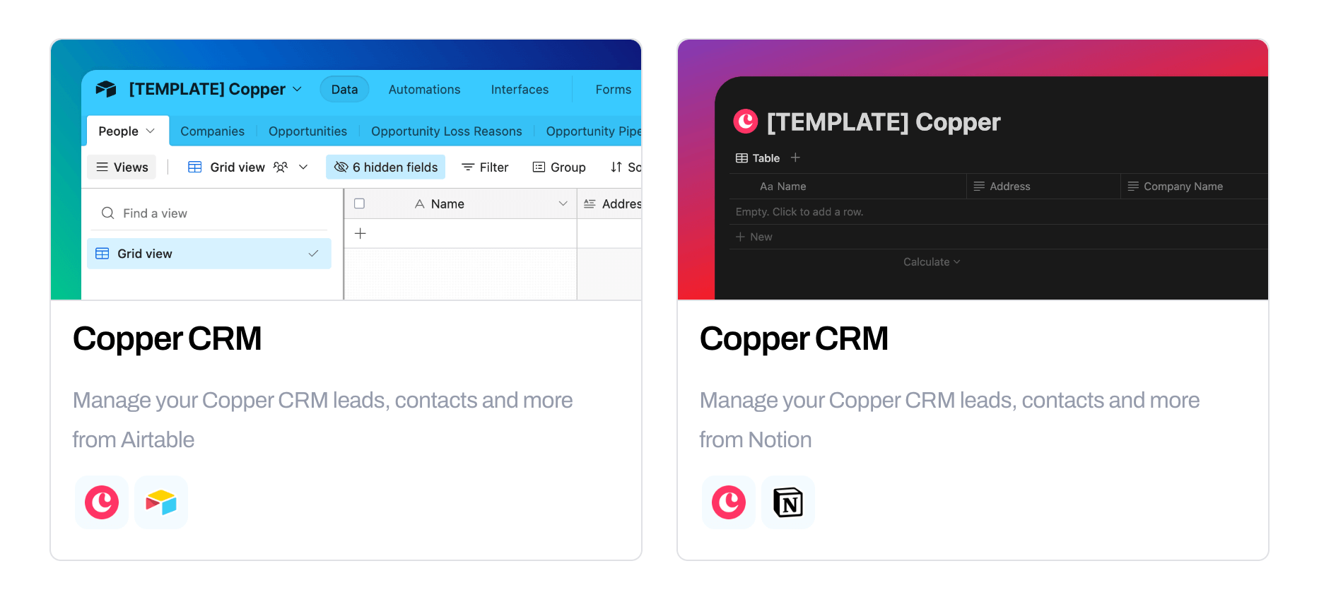 Whalesync Copper CRM templates for managing leads and contacts from Airtable and Notion
