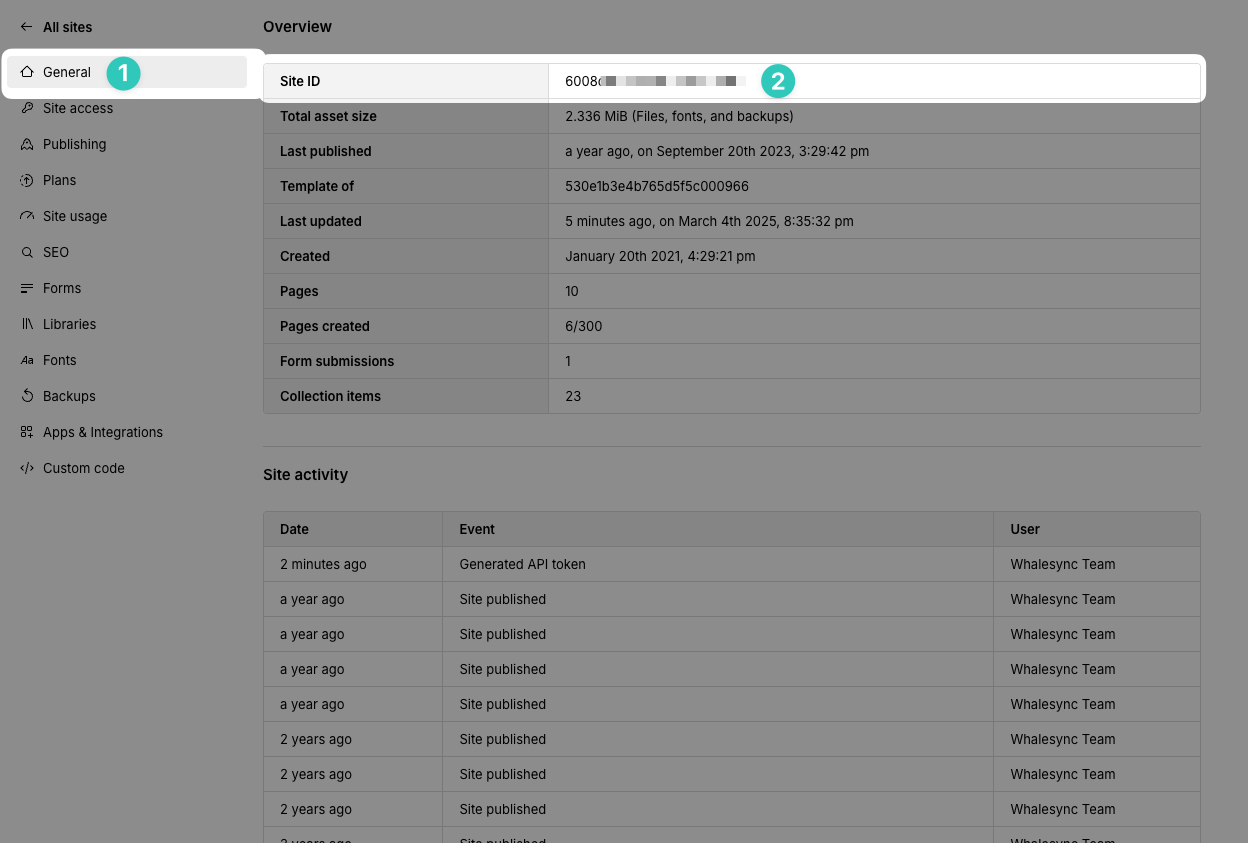 4) Go to your Webflow site settings and get your Site ID