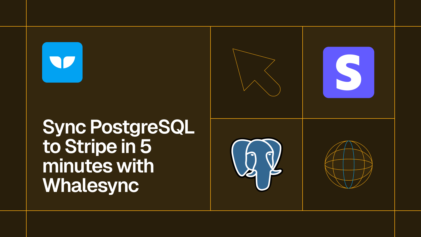 Title card reading 'Sync PostgreSQL to Stripe in 5 minutes with Whalesync' with the PostgreSQL and Stripe logos