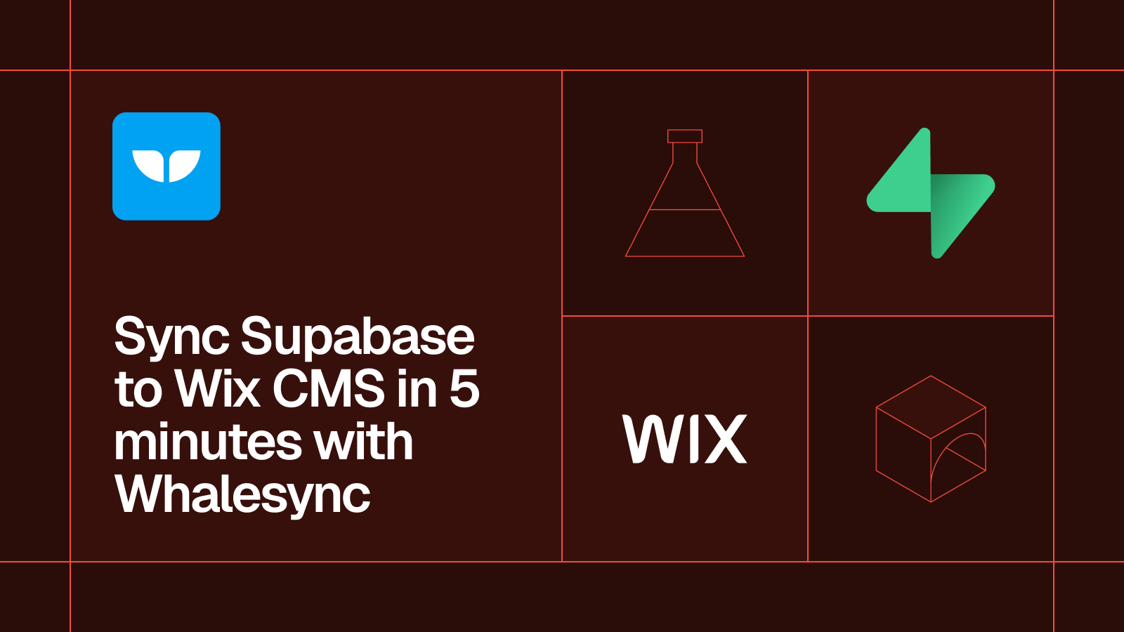 Title card reading 'Sync Supabase to Wix CMS in 5 minutes with Whalesync' with the Supabase and Wix logos