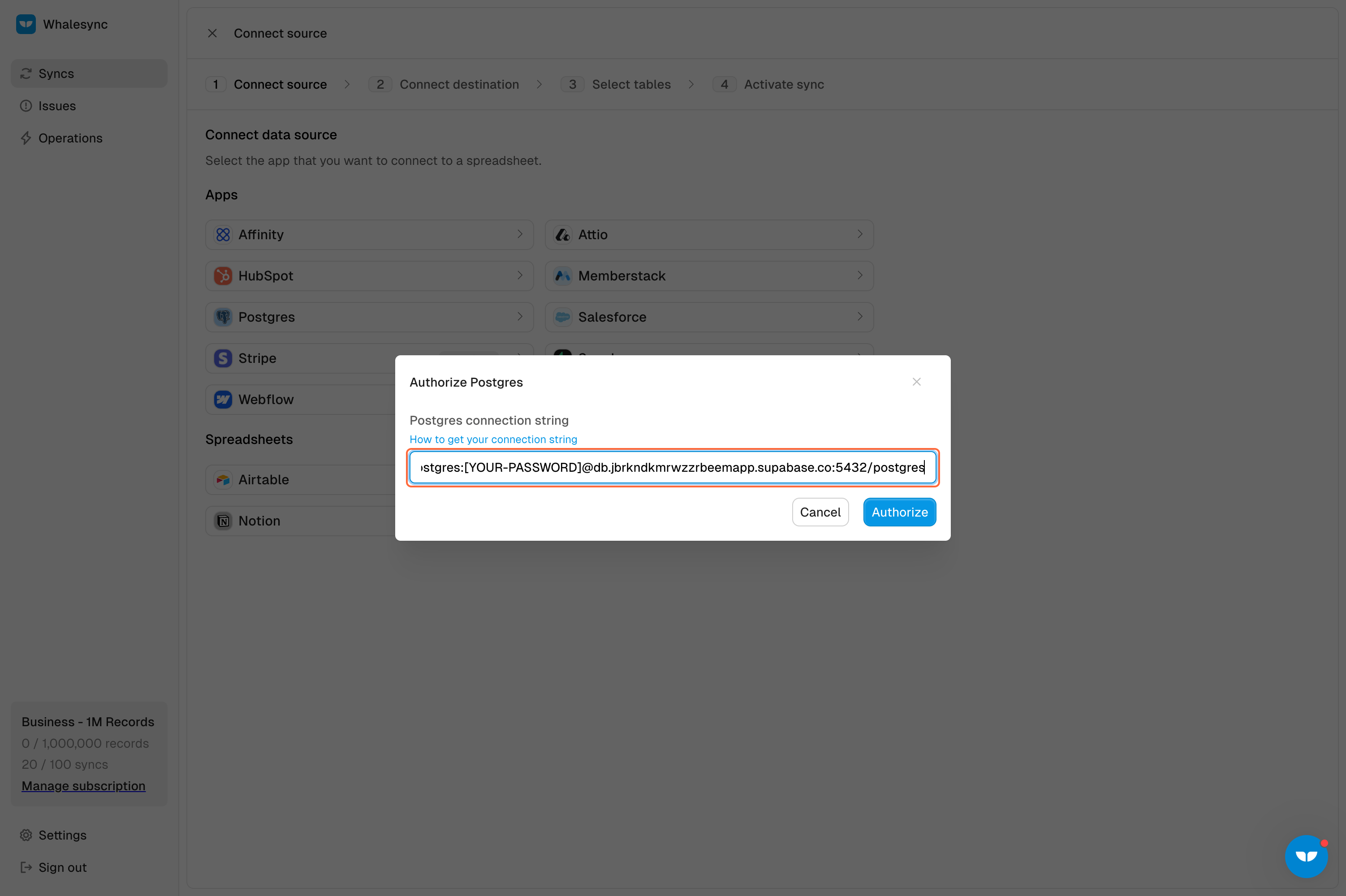 4. Paste on Whalesync and make sure to change [YOUR PASSWORD] with your project password