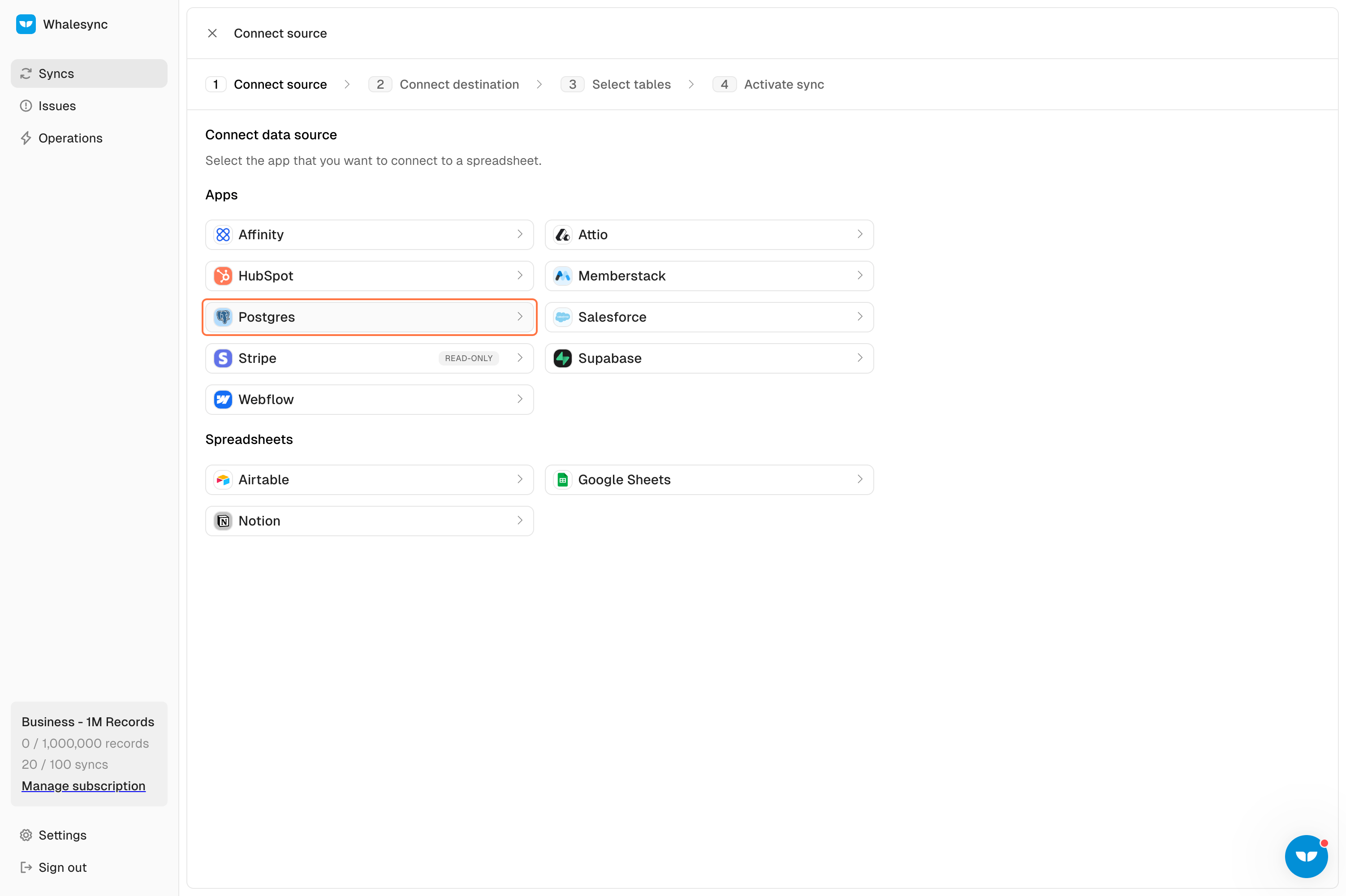 2. Select your source app - Postgres