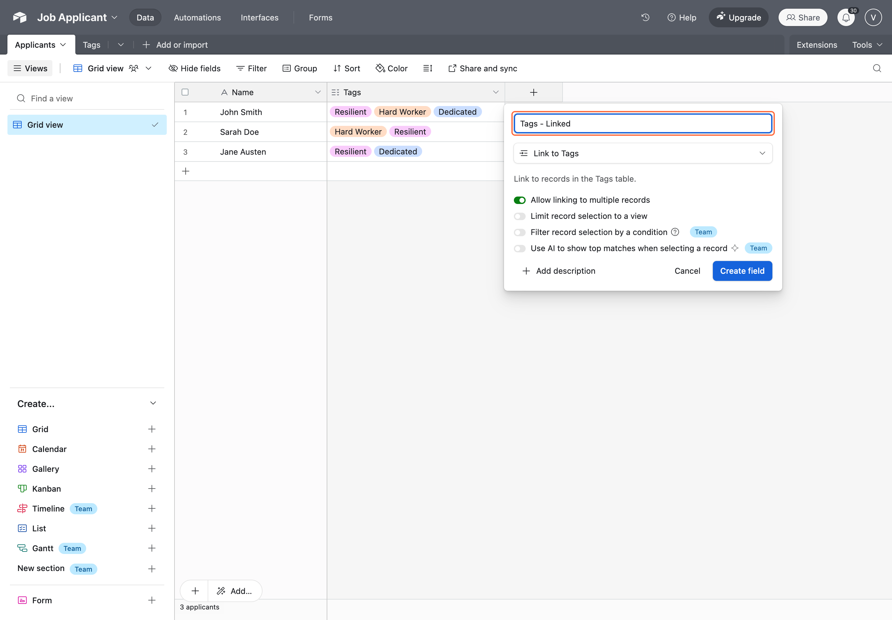 2. Add a linked record field in Airtable that is linked to your other table