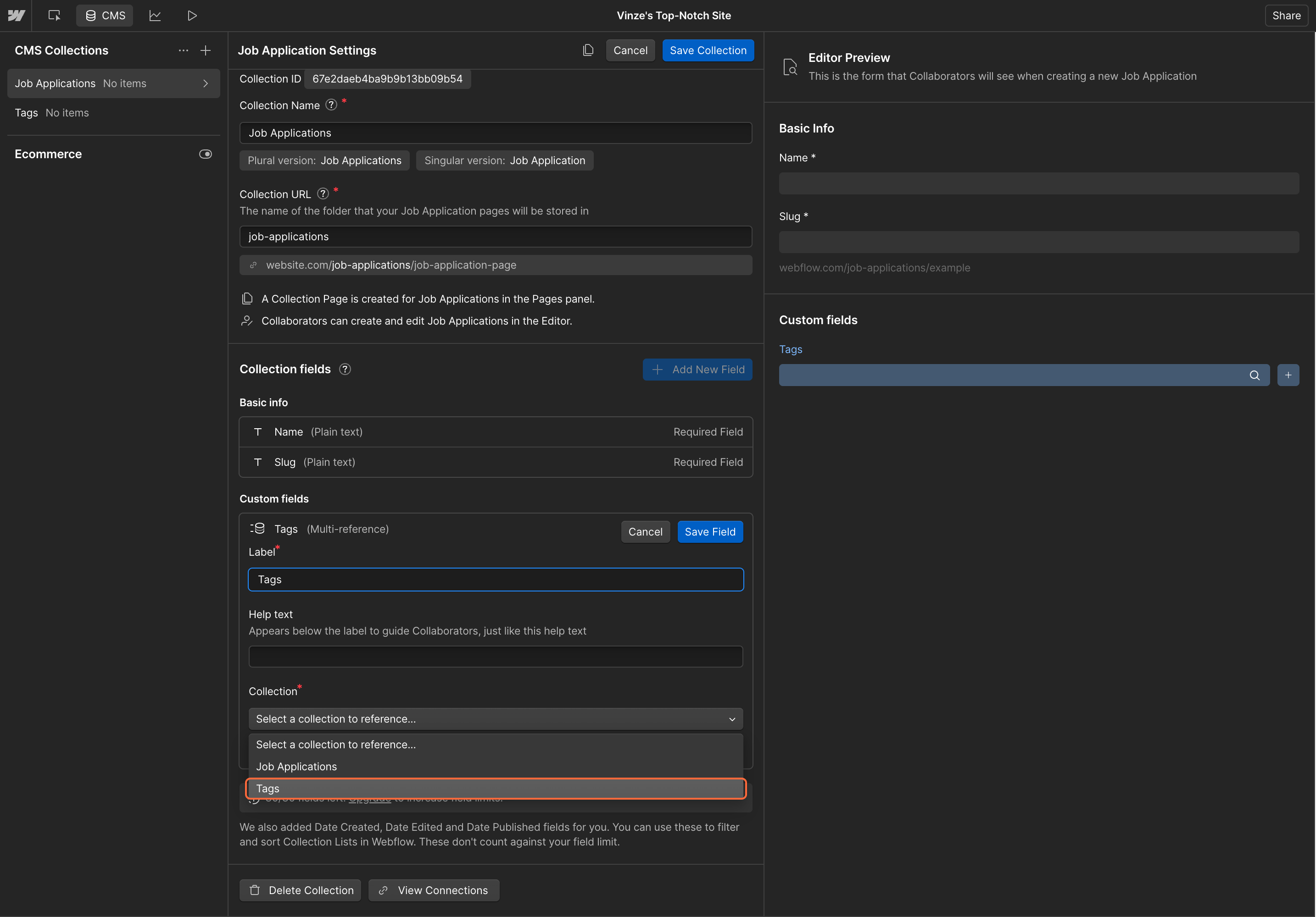 8. Choose the Tags table as the linked collection