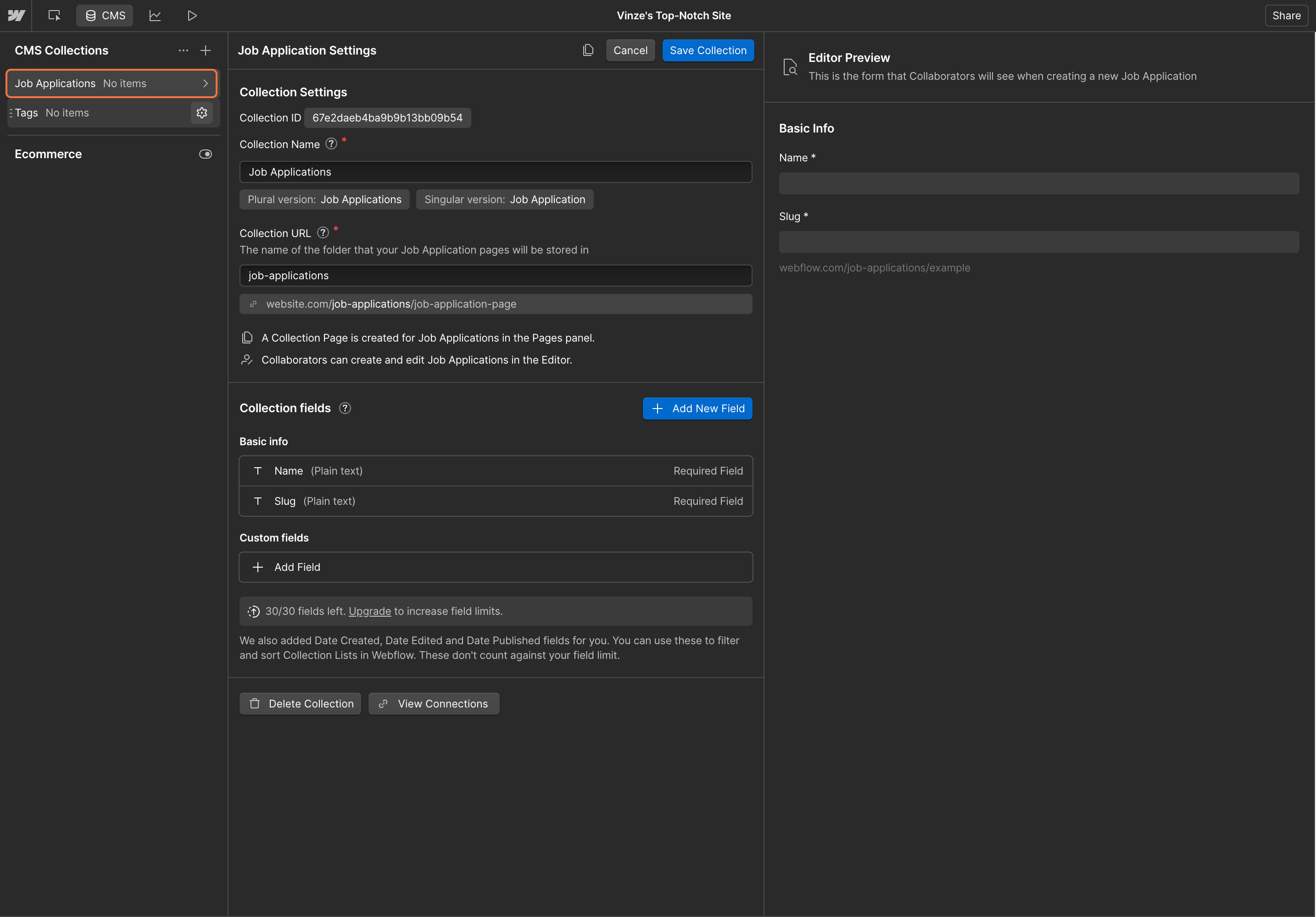 4. In Webflow, create your main collection