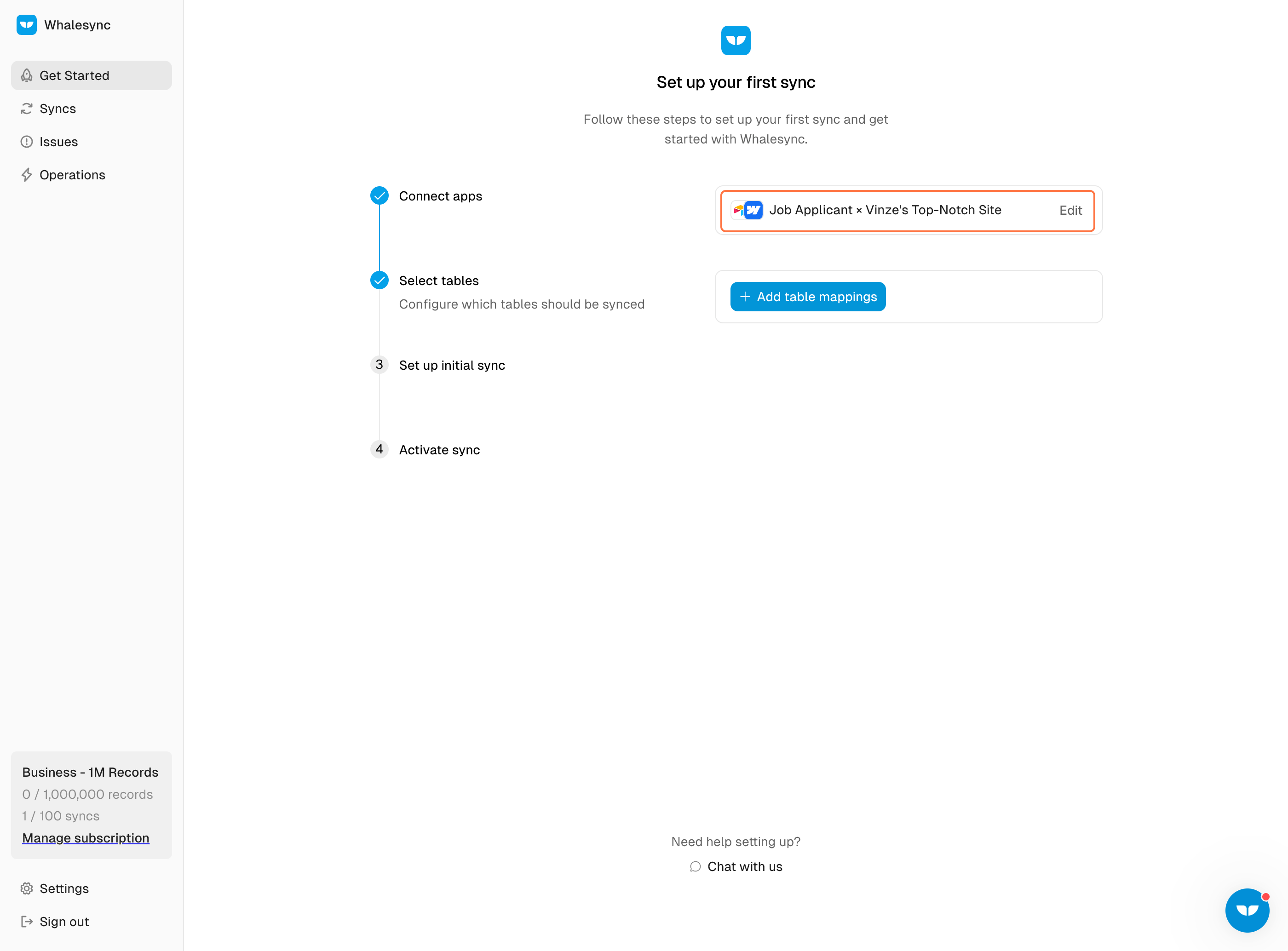 9. Go to Whalesync, create a new sync and authorize Airtable and Webflow