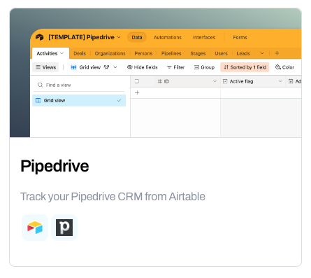 Whalesync Pipedrive template for tracking Pipedrive CRM data from Airtable