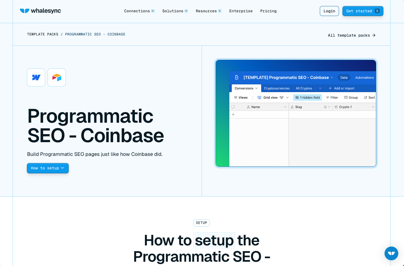 Whalesync's Programmatic SEO Coinbase template pack page