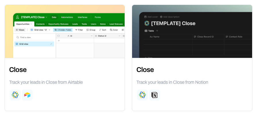 Whalesync Close templates for tracking leads in Close from Airtable and Notion