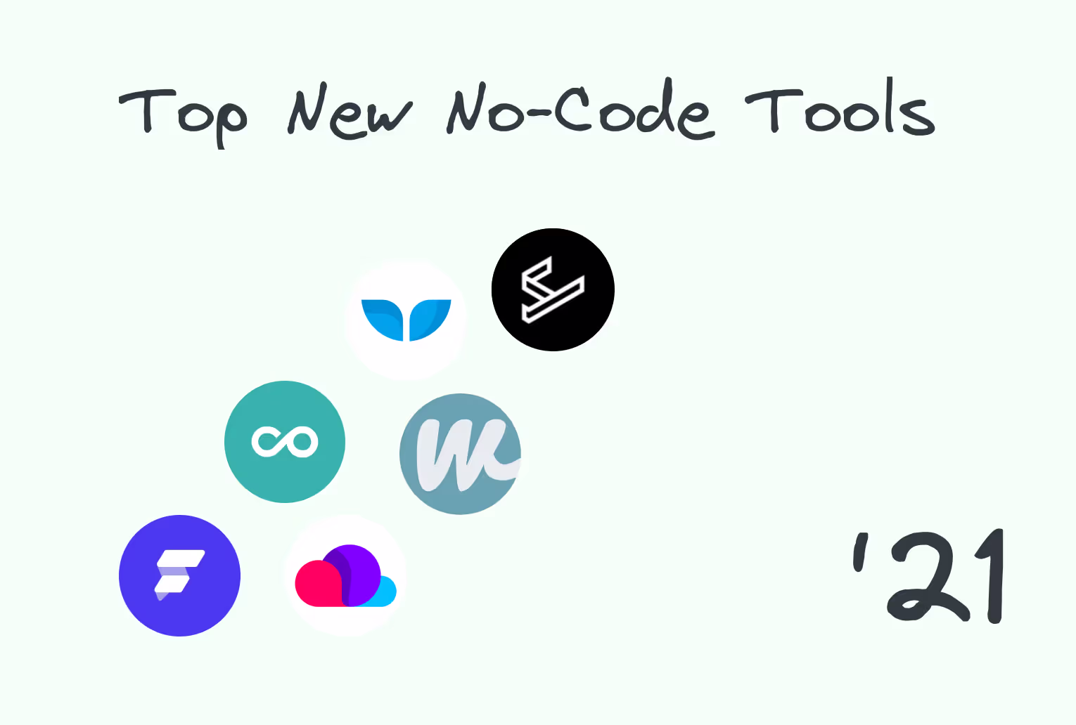Hand-lettered 'Top New No-Code Tools' illustration with various tool logos