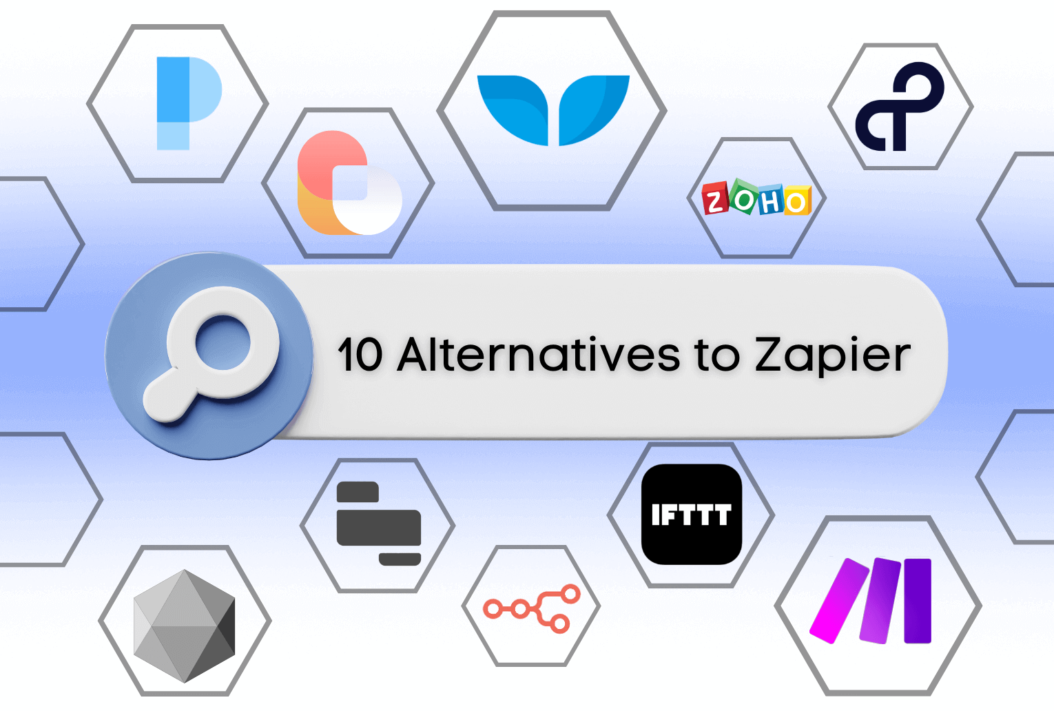 Illustration titled '10 Alternatives to Zapier' with hexagonal tool logos and a search bar