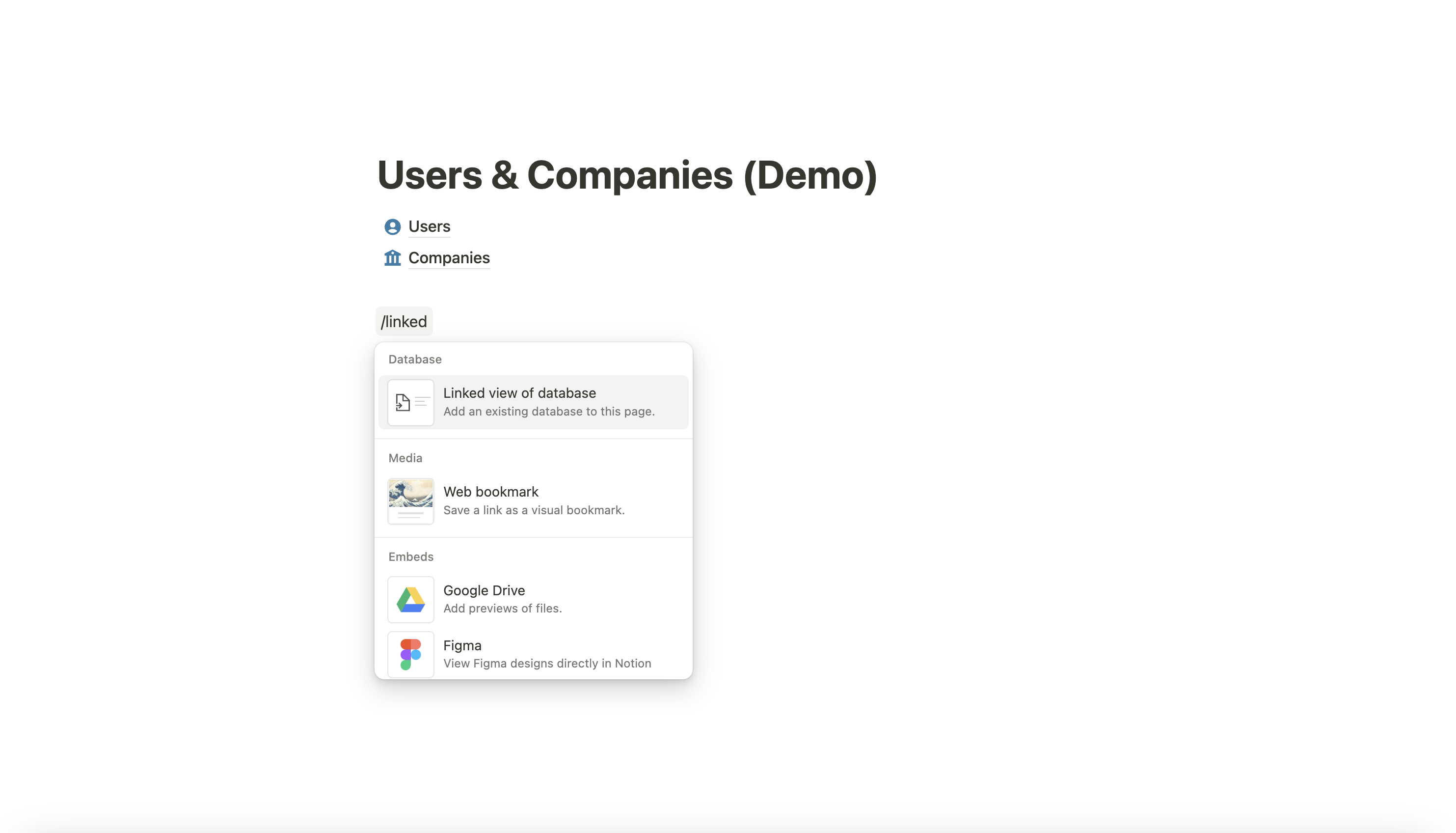 Step 1: Type "/linked" in an empty block in Notion