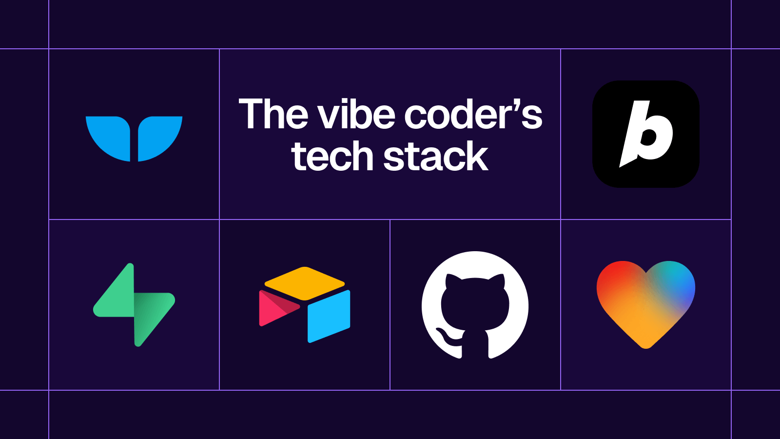 Title card reading 'The vibe coder's tech stack' with the Bubble, GitHub, Airtable and other tool logos