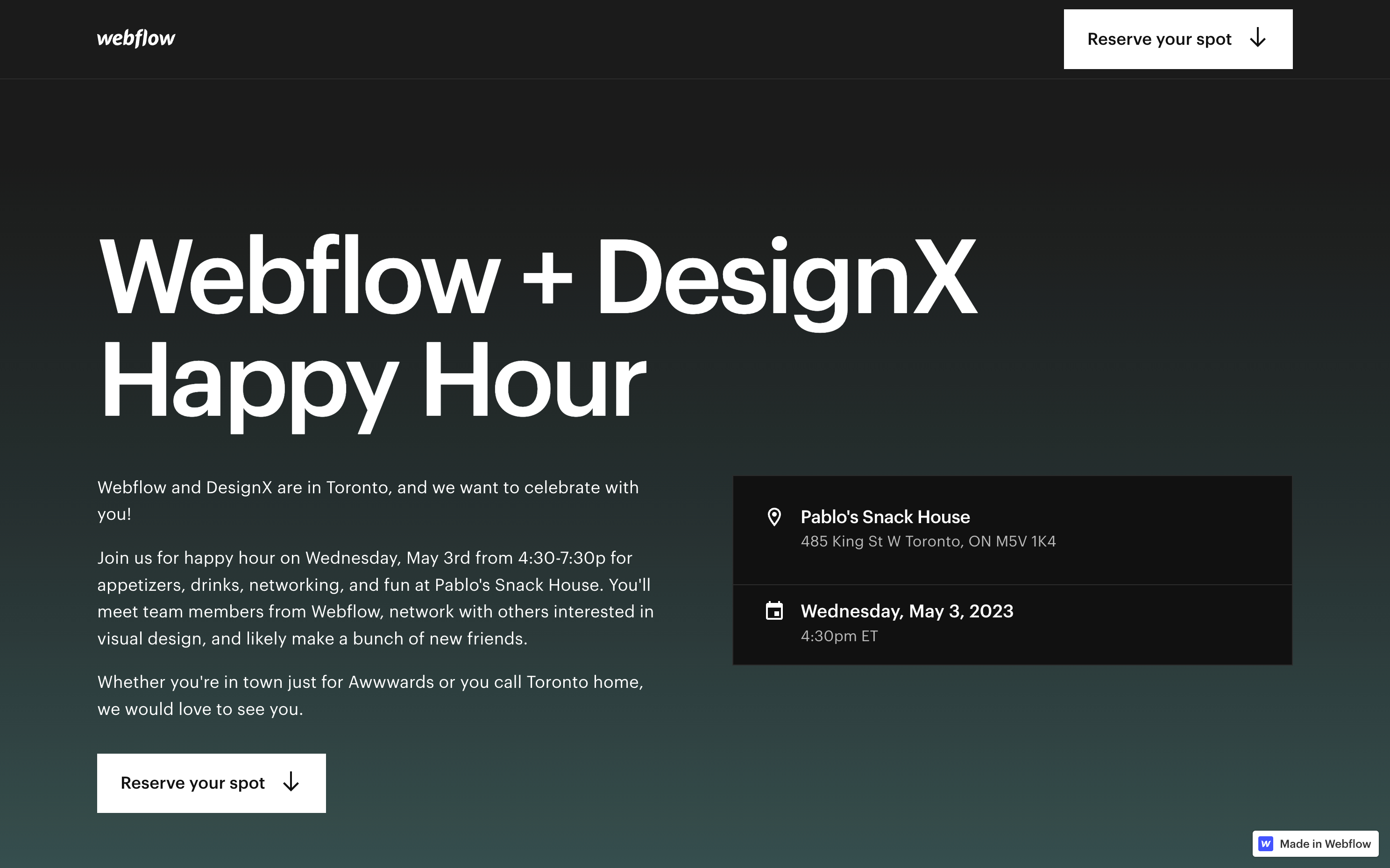 Example Webflow Field Events landing page

