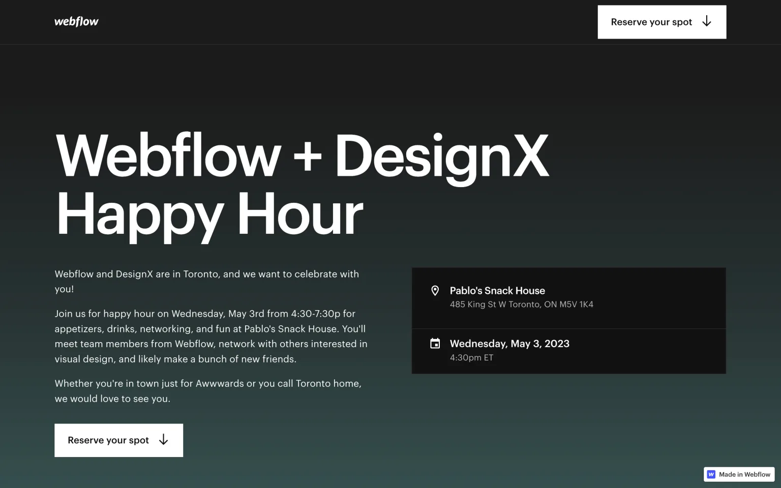 Example Webflow Field Events landing page
