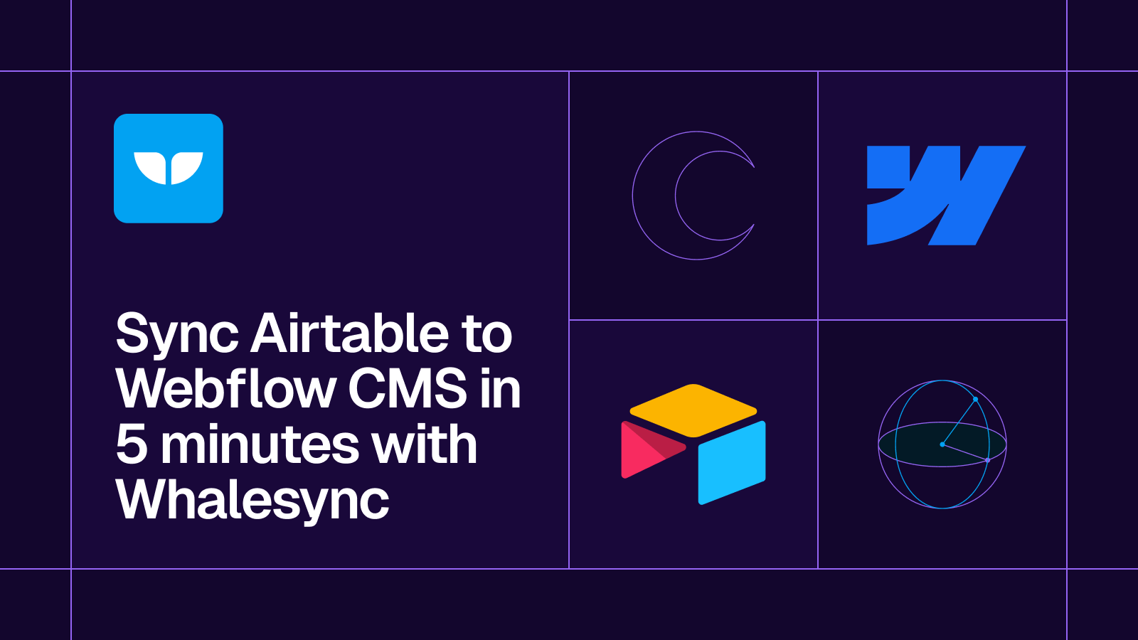 Title card reading 'Sync Airtable to Webflow CMS in 5 minutes with Whalesync' with the Airtable and Webflow logos