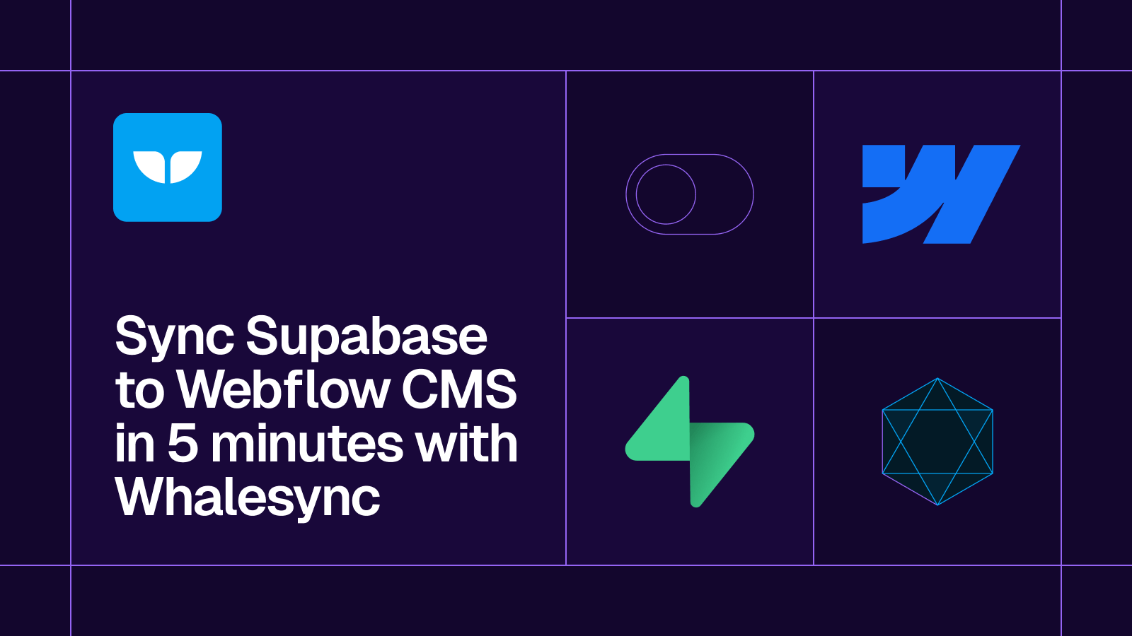 Title card reading 'Sync Supabase to Webflow in 5 minutes with Whalesync' with the Supabase and Webflow logos