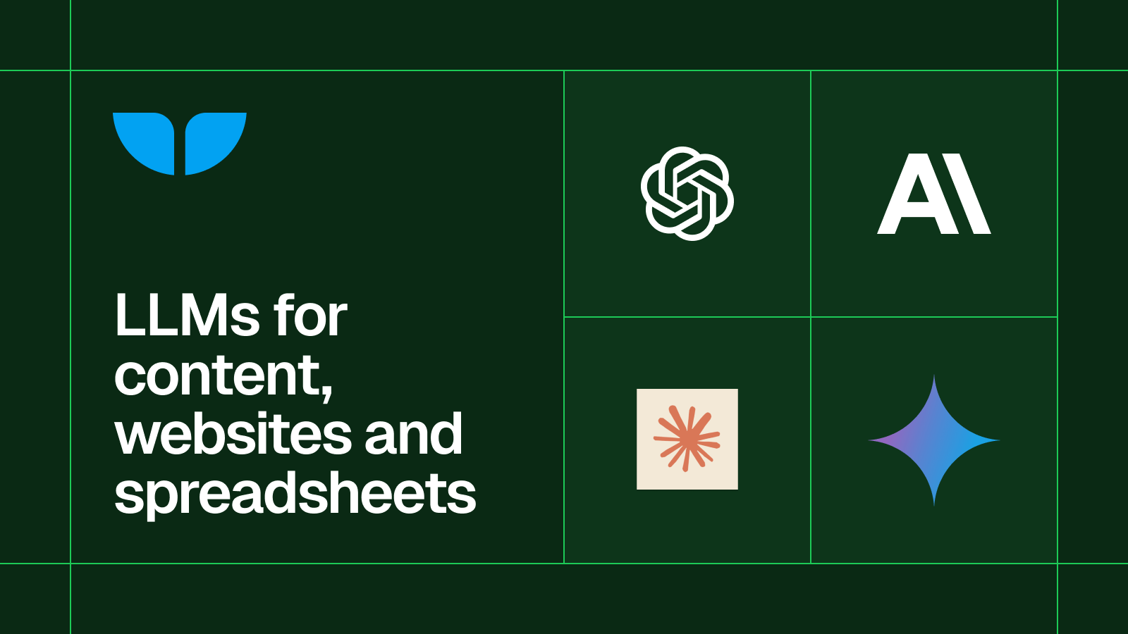 Title card reading 'LLMs for content, websites and spreadsheets' with the OpenAI, Anthropic and other AI logos