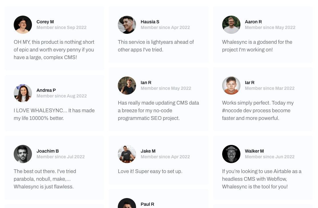A grid of Whalesync customer testimonials from members