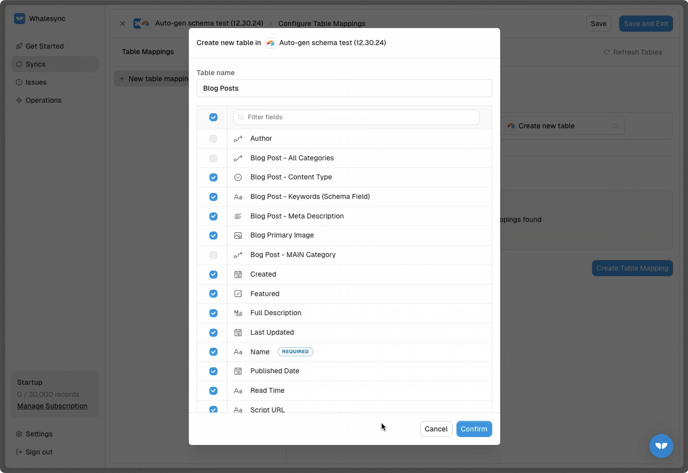Whalesync's auto-generate schema dialog selecting Blog Posts fields to create a table