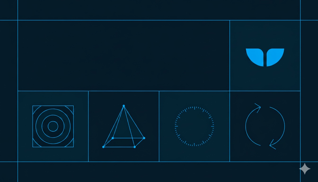 Abstract blueprint-style graphic with geometric icons for '9 lessons from 171 million sync operations'