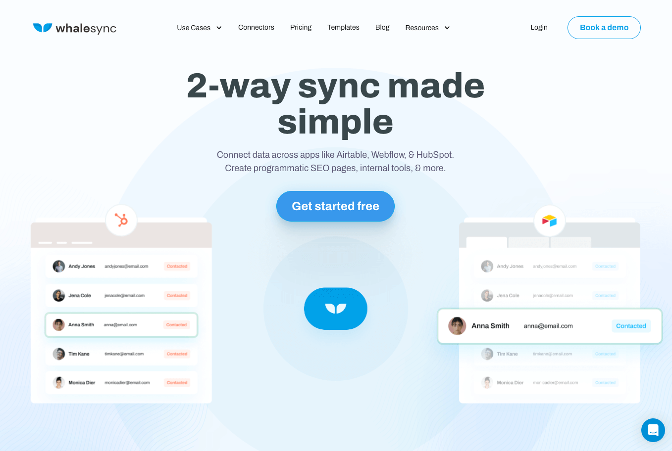 Whalesync's homepage hero reading '2-way sync made simple'