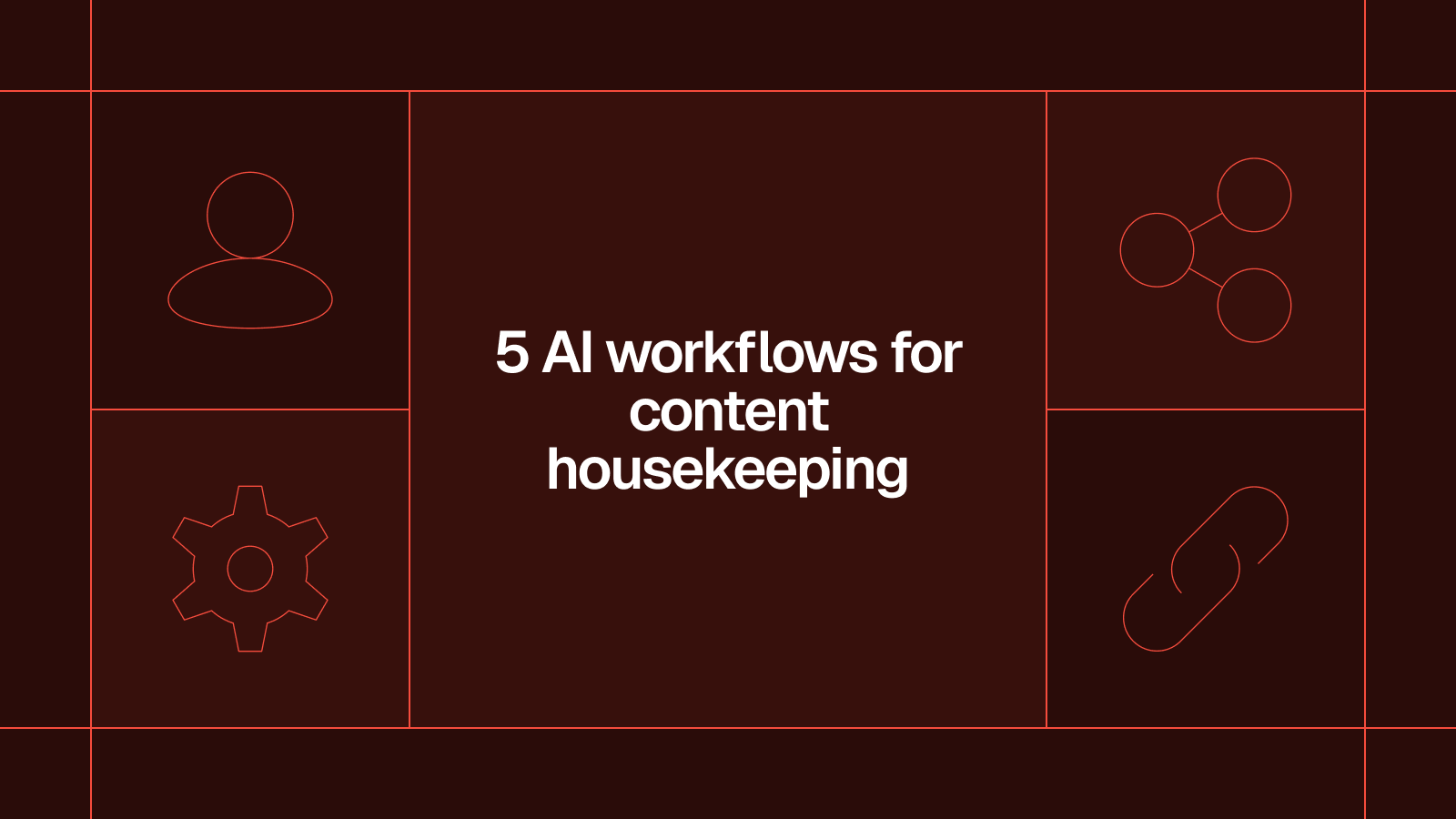 Title card reading '5 AI workflows for content housekeeping' with line icons of a person, gear and links