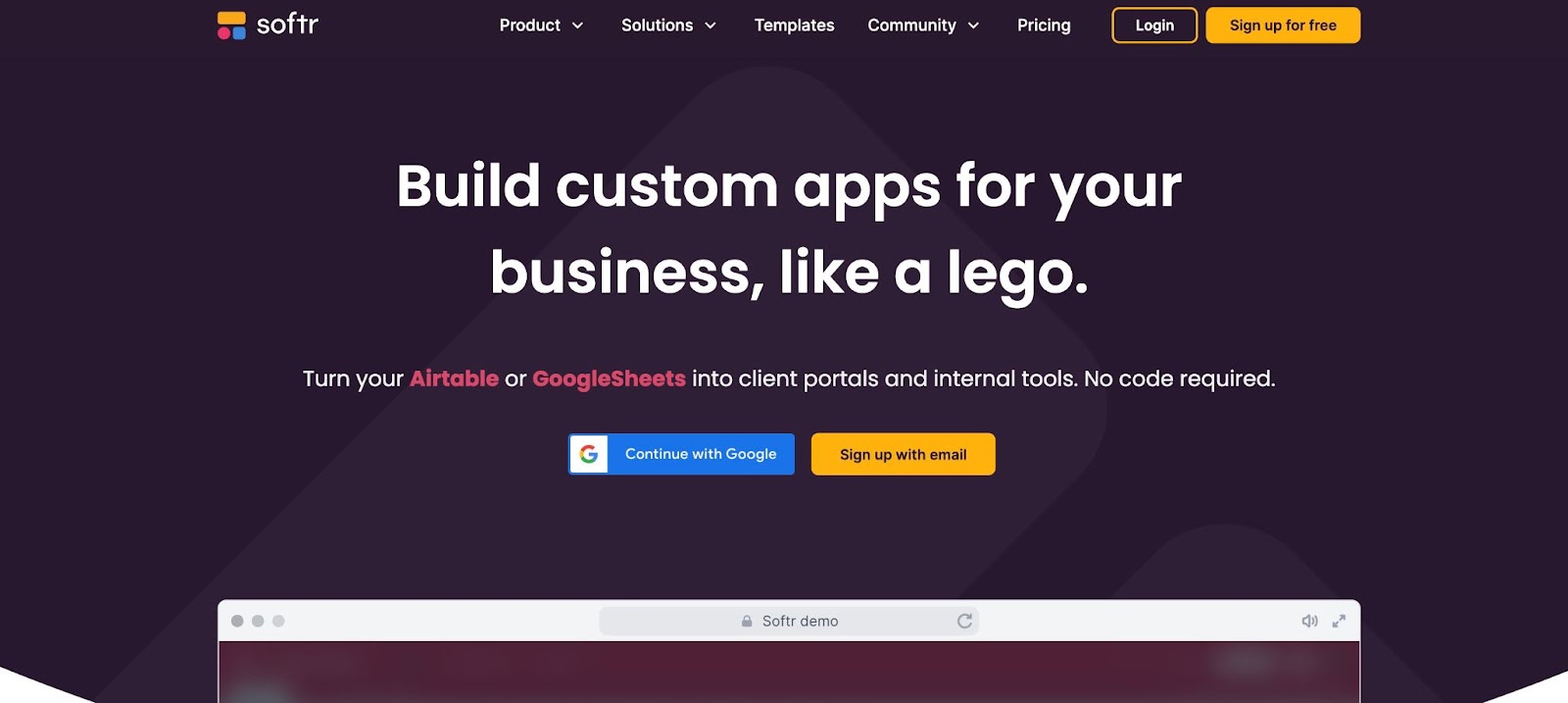 Softr's homepage promoting building custom apps from Airtable or Google Sheets