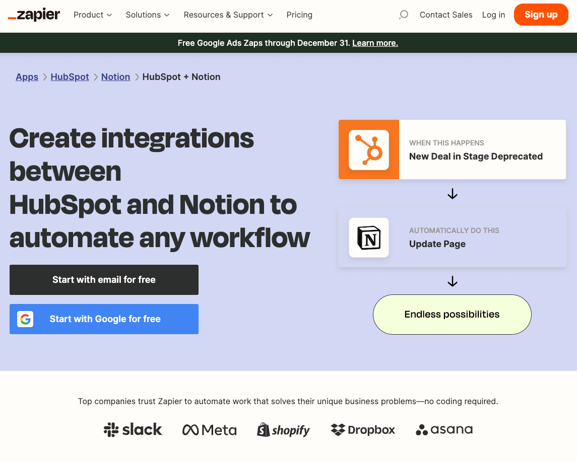 Zapier's page for building automated integrations between HubSpot and Notion