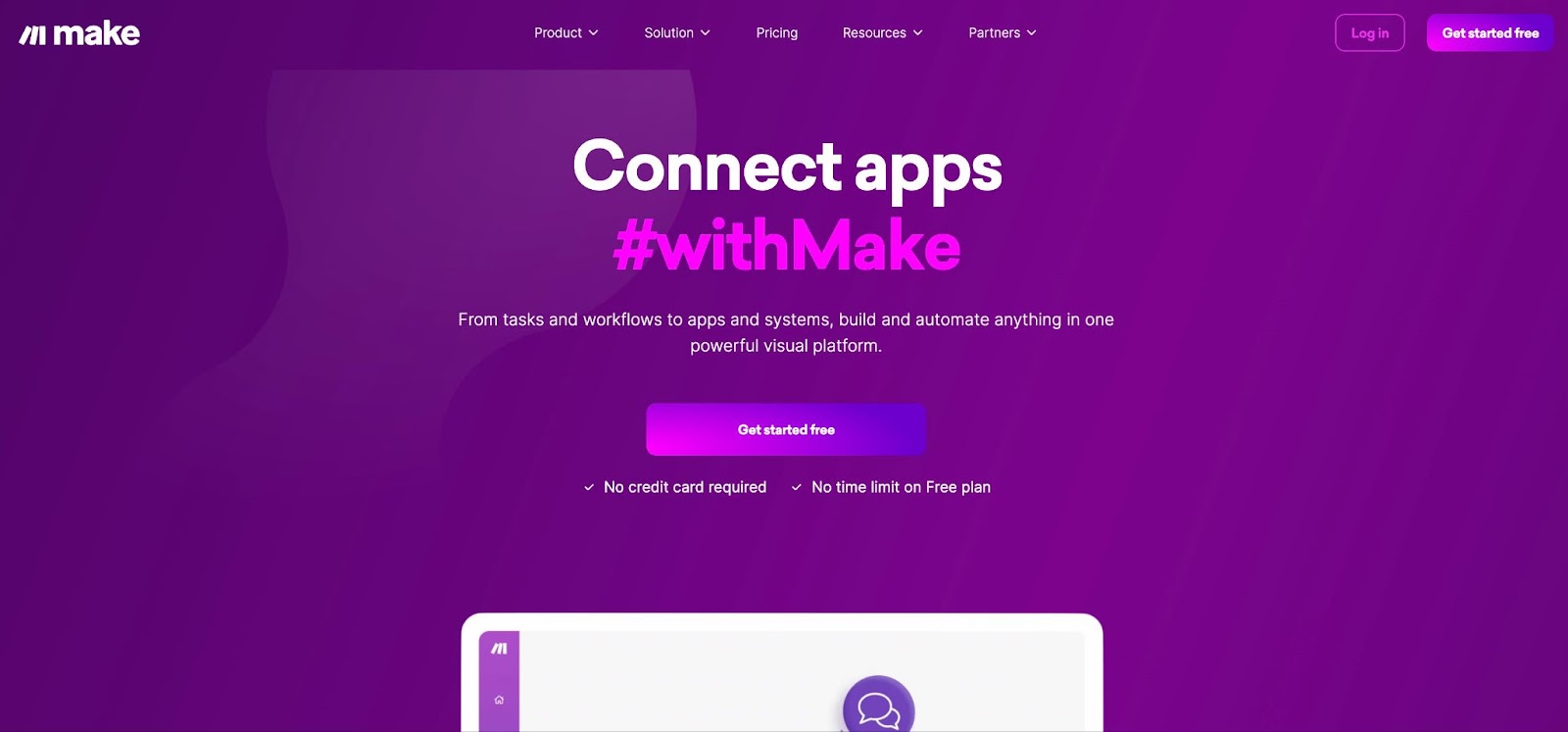 Make's homepage hero reading 'Connect apps #withMake'